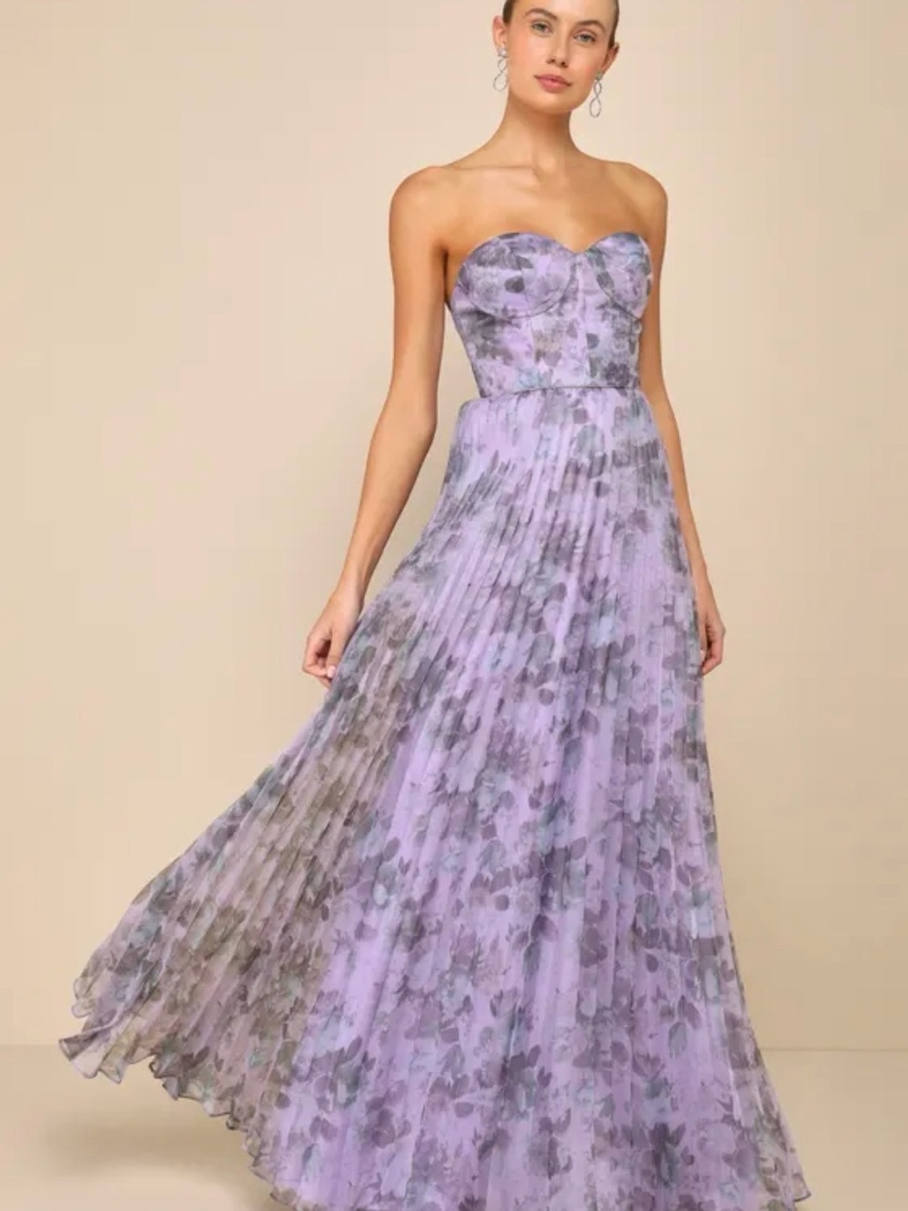 Lulu's Lilac Floral Sweetheart Strapless Pleated Gown